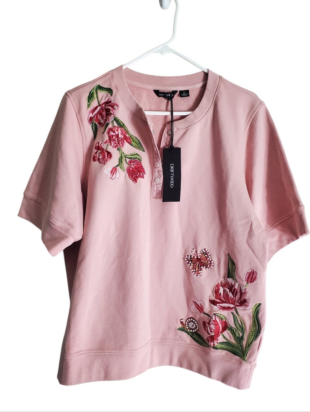 Floral Embroidered Pink Short-Sleeve Henley Top Twirly Tulips Crystal Rose - Picture 3 of 13